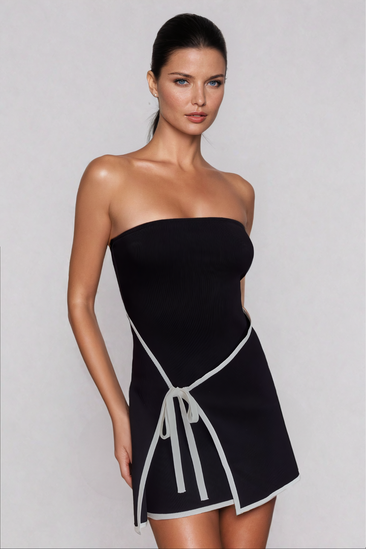 Ainsley Strapless Lace Up Knit Mini Dress In Black - Celestia Couture