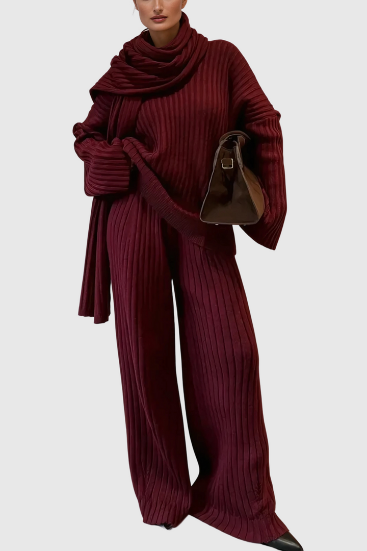 Alessia Shawl Lace Up Knit Pants Set In Red - Celestia Couture