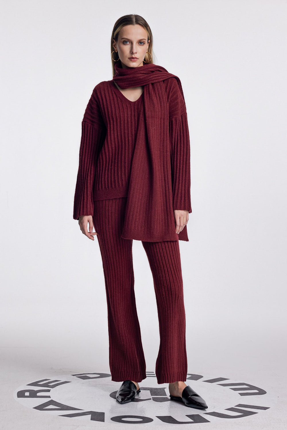 Alessia Shawl Lace Up Knit Pants Set In Red - Celestia Couture