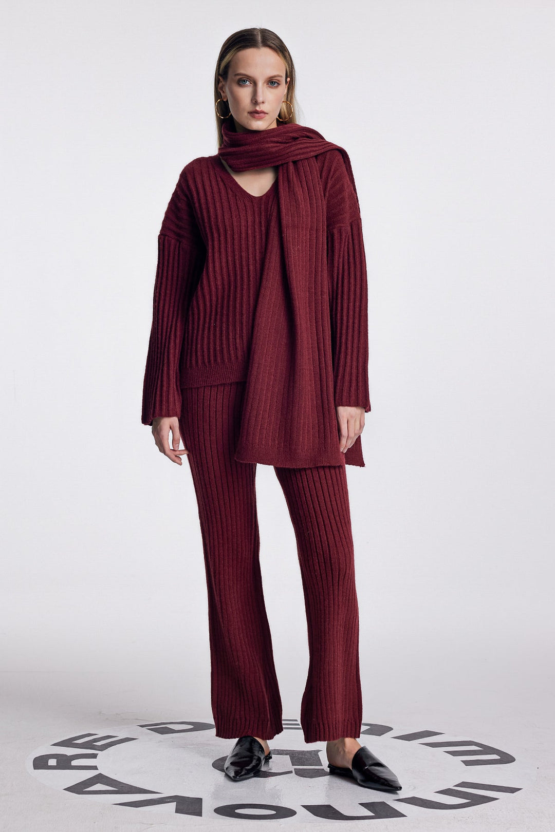 Alessia Shawl Lace Up Knit Pants Set In Red - Celestia Couture