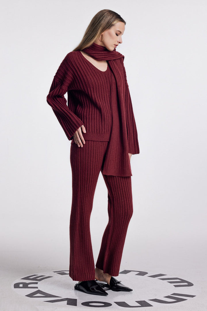 Alessia Shawl Lace Up Knit Pants Set In Red - Celestia Couture