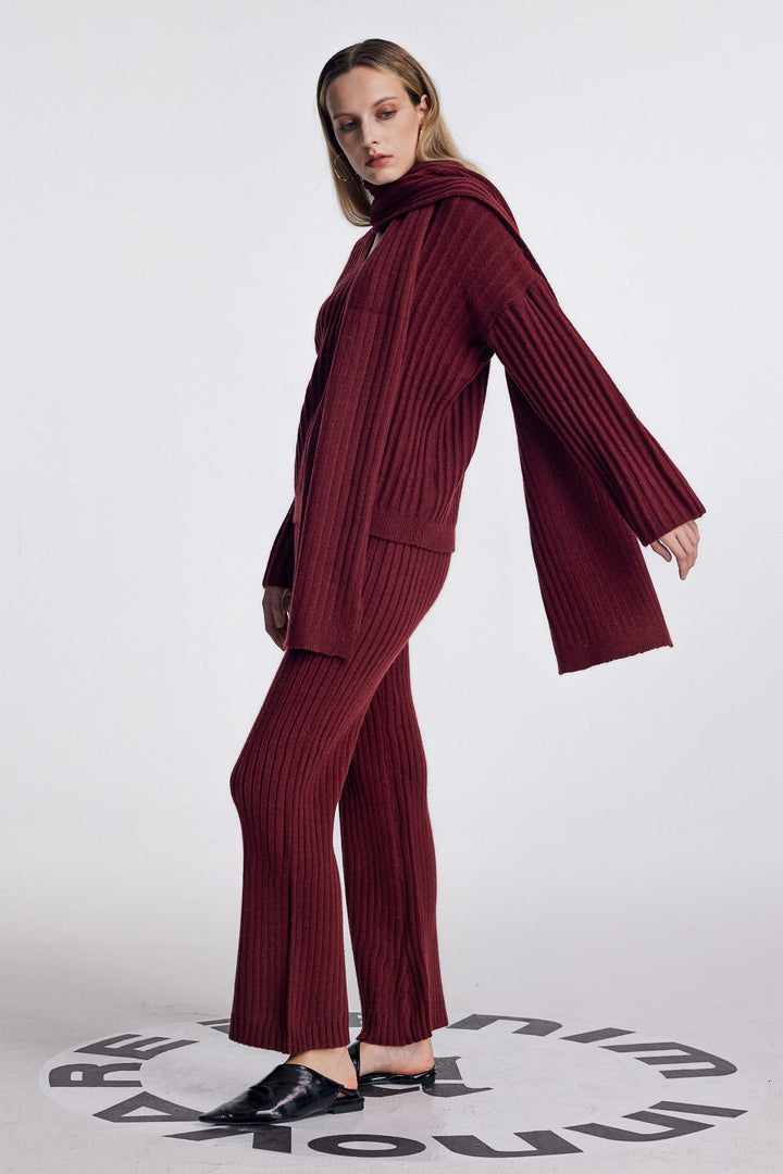 Alessia Shawl Lace Up Knit Pants Set In Red - Celestia Couture