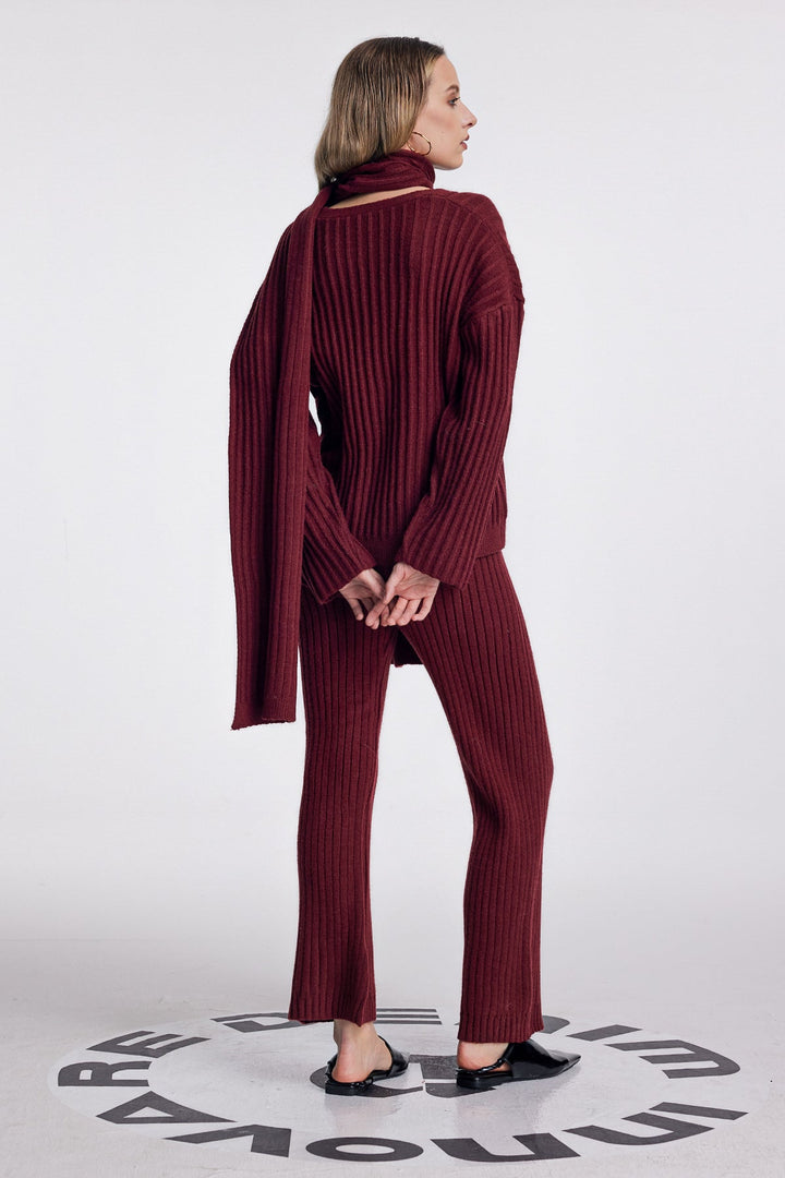Alessia Shawl Lace Up Knit Pants Set In Red - Celestia Couture
