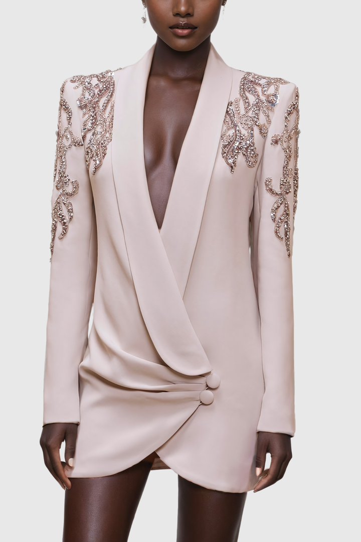Alliance Rhinestone Ruch Plunge Blazer Mini Dress - Celestia Couture