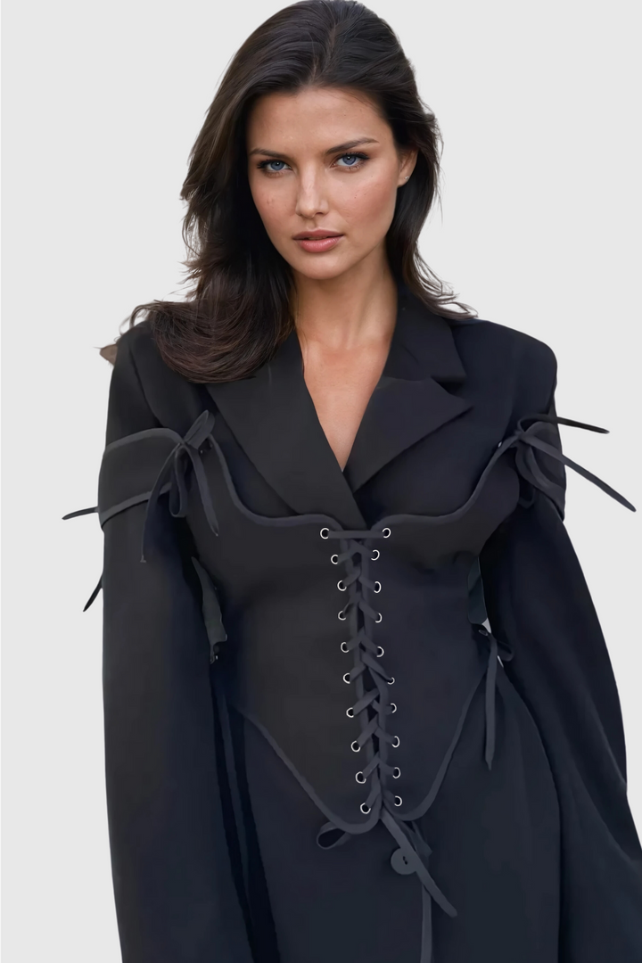 Alonsa Corset Lace Up Blazer In Black - Celestia Couture