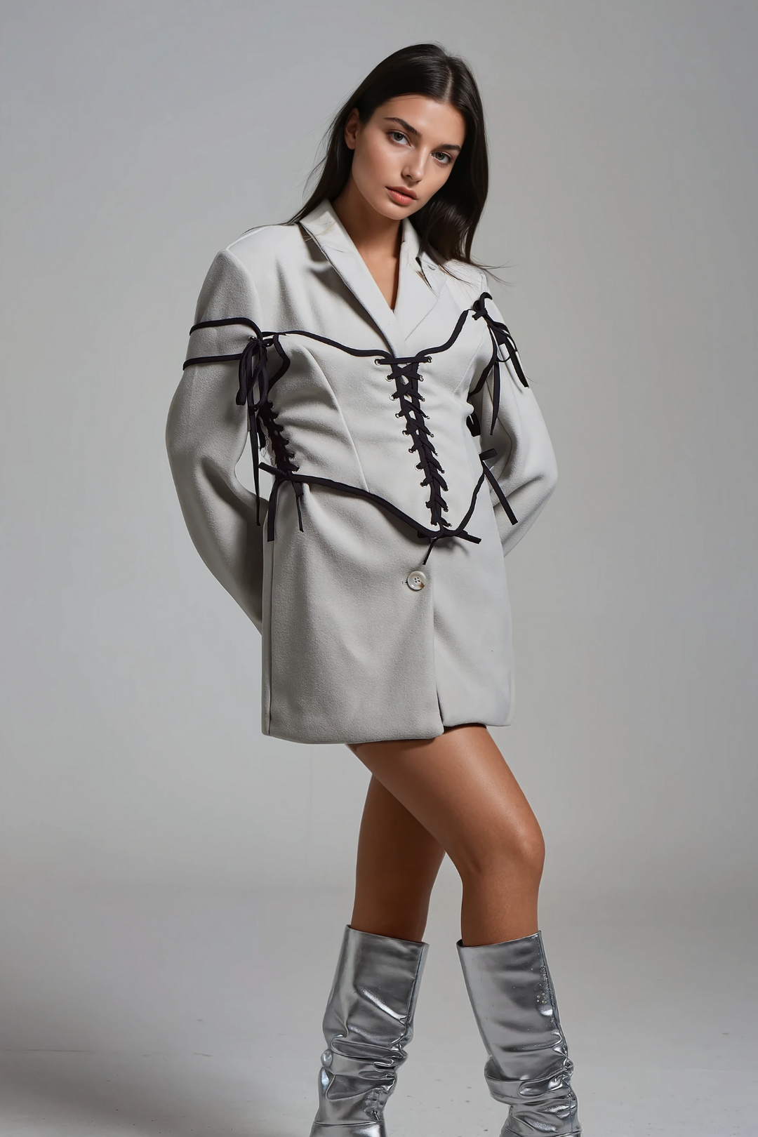 Alonsa Corset Lace Up Blazer In White - Celestia Couture