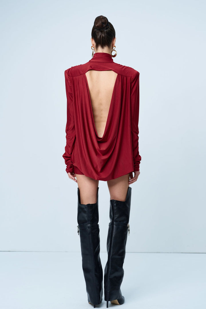 Alphonsus Backless Ruch Mini Dress In Red - Celestia Couture