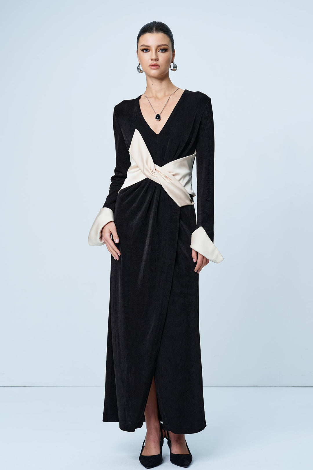 Alsatia Bow Plunge Split Maxi Dress - Celestia Couture