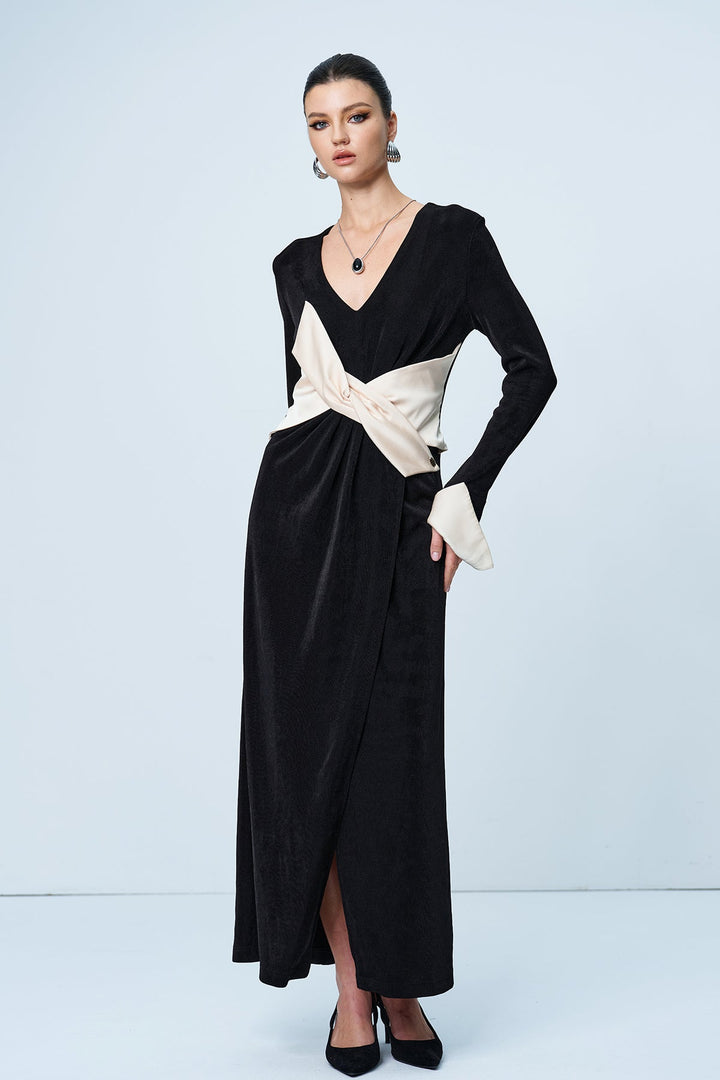 Alsatia Bow Plunge Split Maxi Dress - Celestia Couture