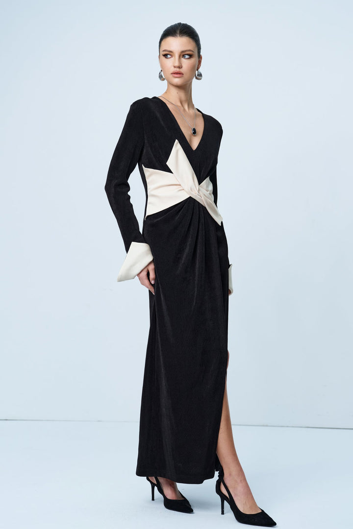Alsatia Bow Plunge Split Maxi Dress - Celestia Couture