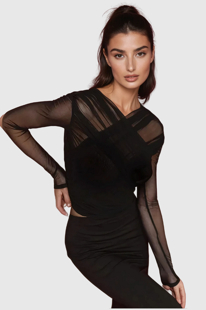 Alusia Cross Mesh Bodycon Top In Black - Celestia Couture