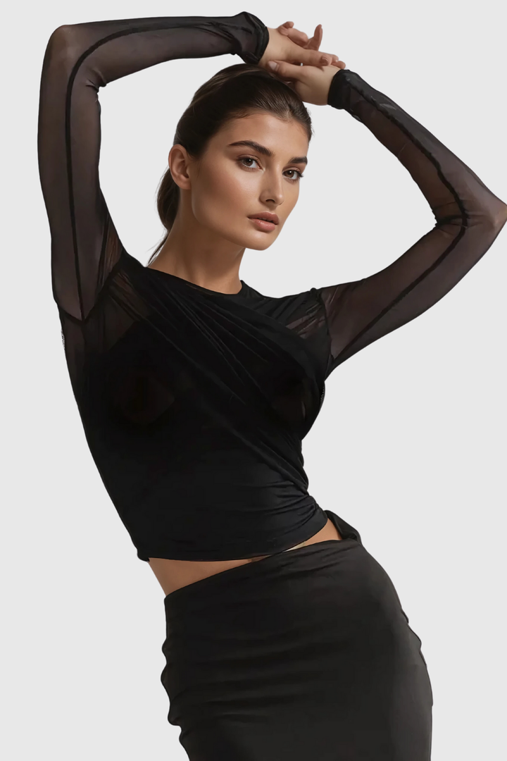 Alusia Cross Mesh Bodycon Top In Black - Celestia Couture