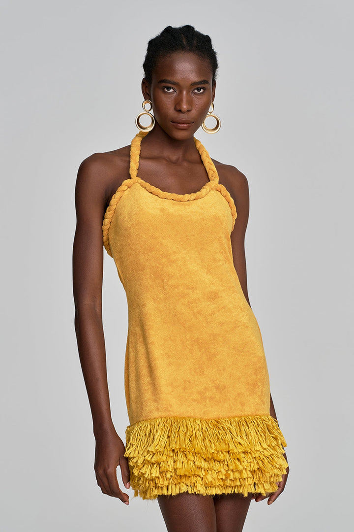 Alvis Bodycon Fringe Twist Knit Mini Dress In Yellow - Celestia Couture