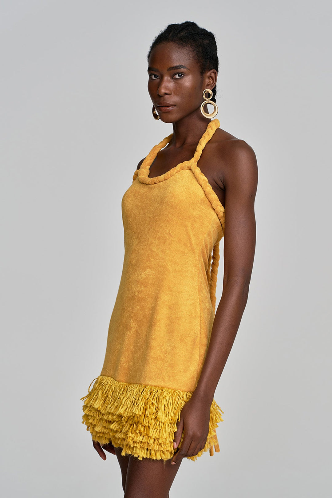 Alvis Bodycon Fringe Twist Knit Mini Dress In Yellow - Celestia Couture