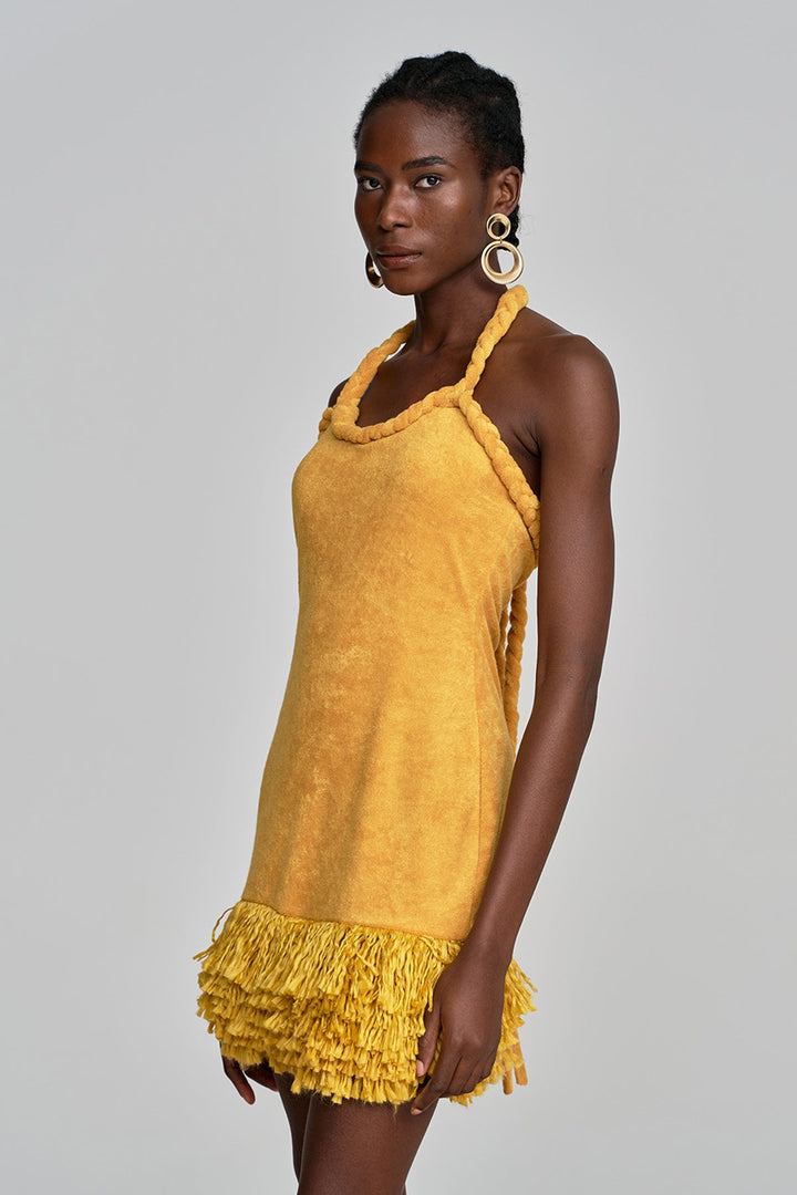 Alvis Bodycon Fringe Twist Knit Mini Dress In Yellow - Celestia Couture