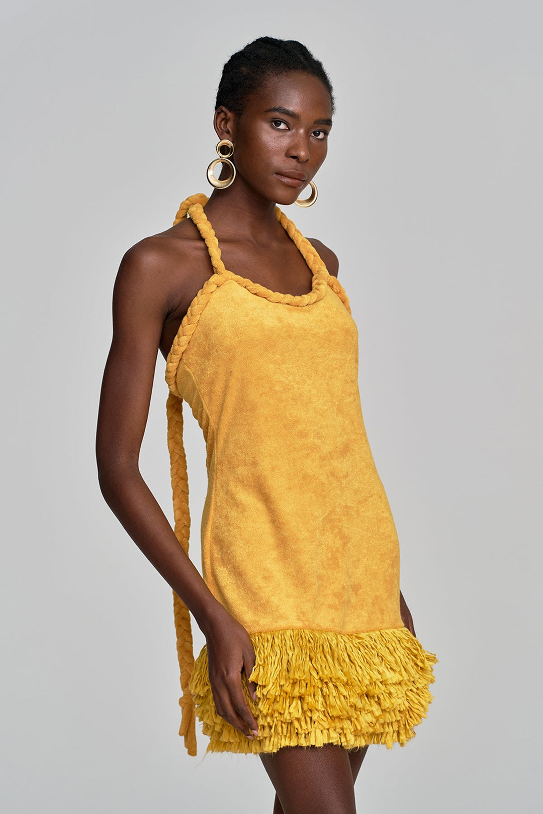 Alvis Bodycon Fringe Twist Knit Mini Dress In Yellow - Celestia Couture