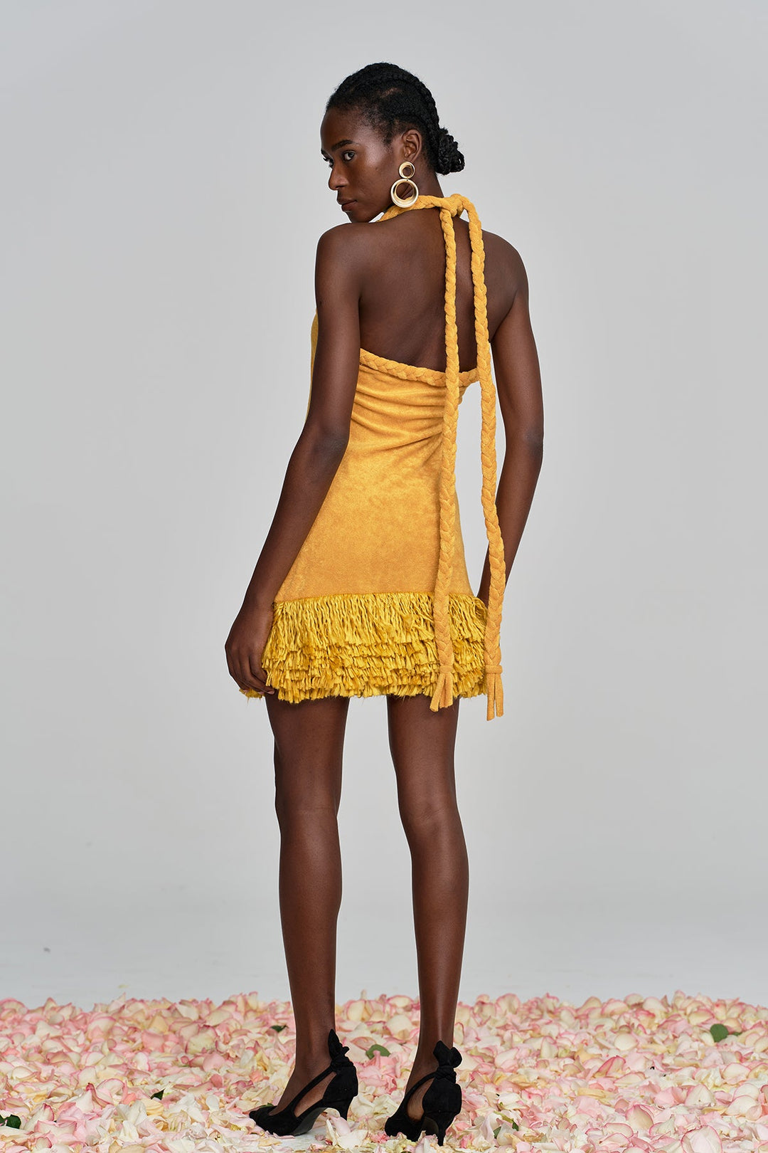 Alvis Bodycon Fringe Twist Knit Mini Dress In Yellow - Celestia Couture