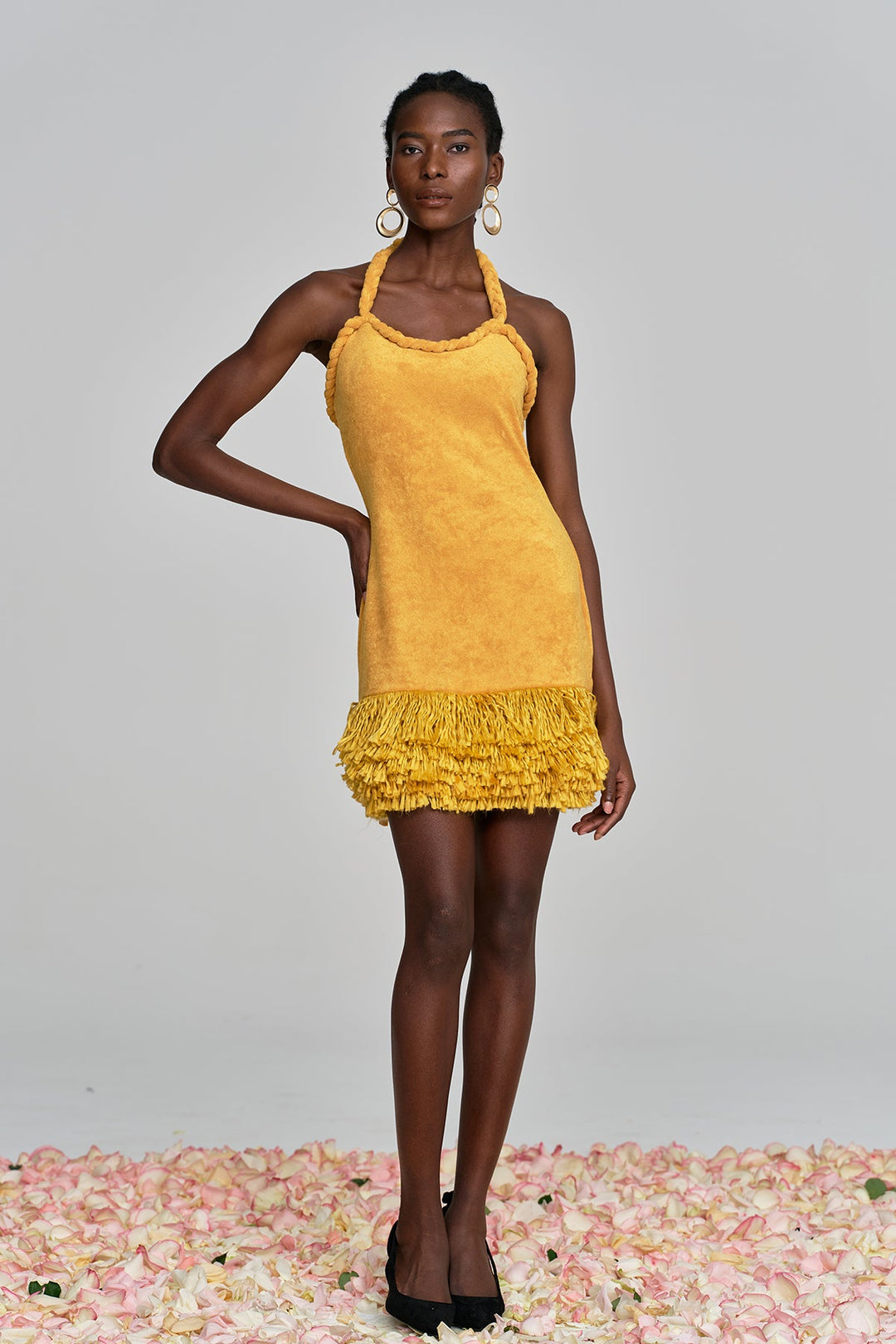 Alvis Bodycon Fringe Twist Knit Mini Dress In Yellow - Celestia Couture