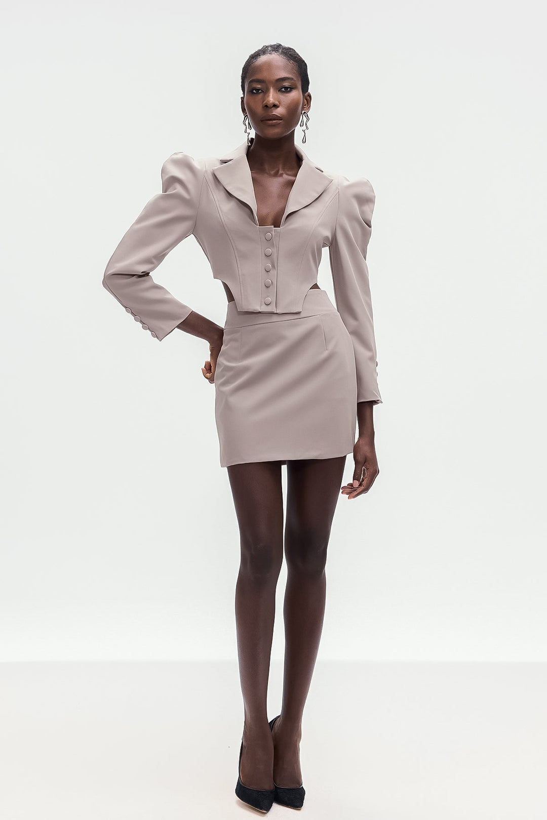 Alwin Button Plunge Bodycon Skirt Set - Celestia Couture