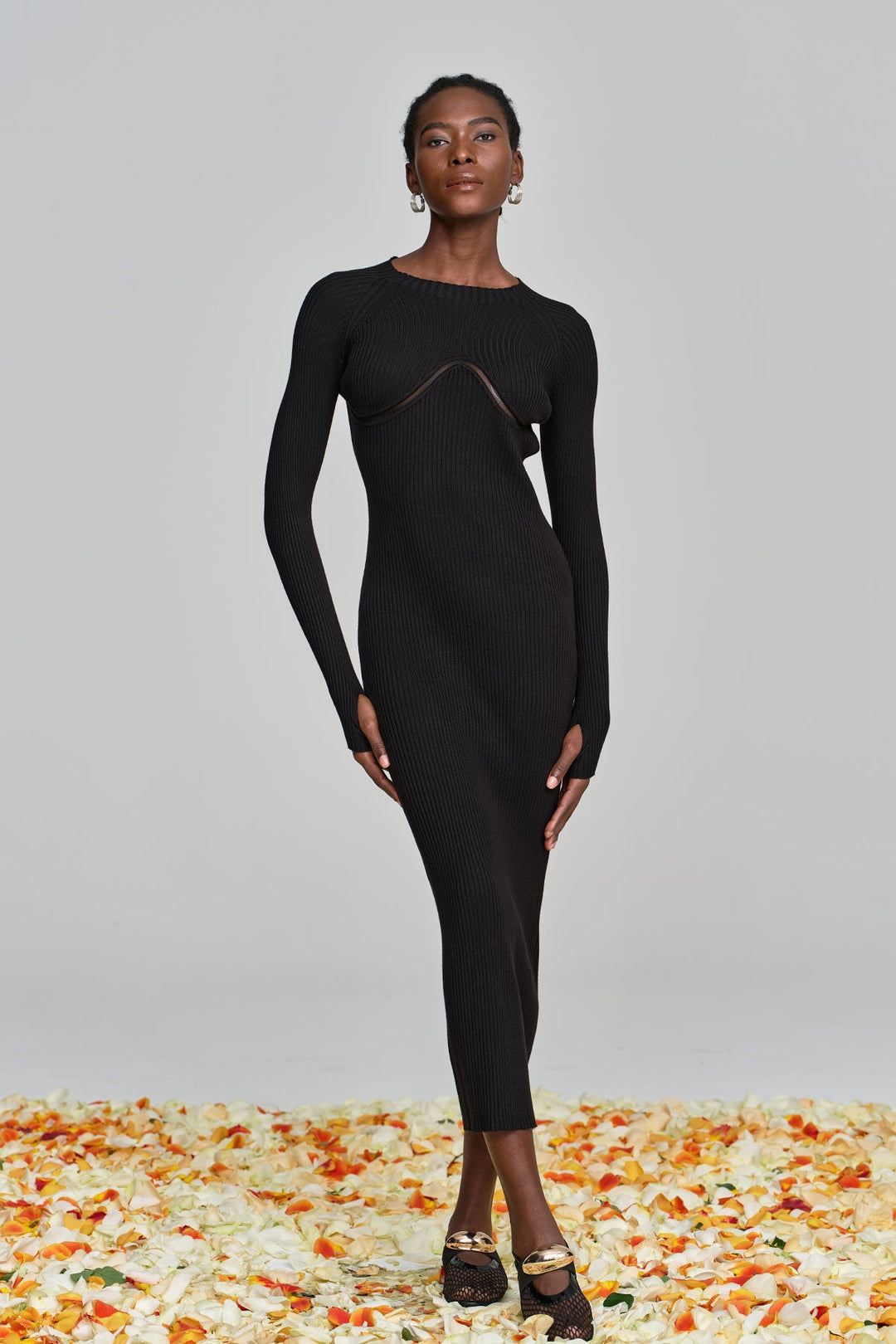 Amaury Cutout Ruffle Knit Maxi Dress In Black - Celestia Couture