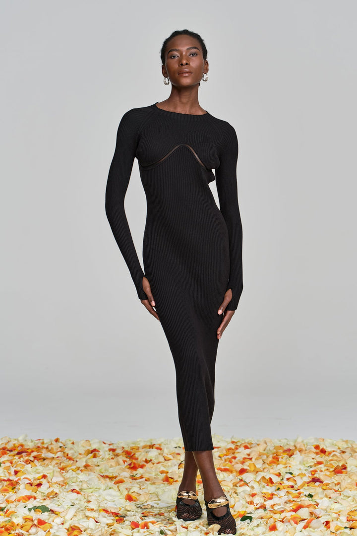 Amaury Cutout Ruffle Knit Maxi Dress In Black - Celestia Couture