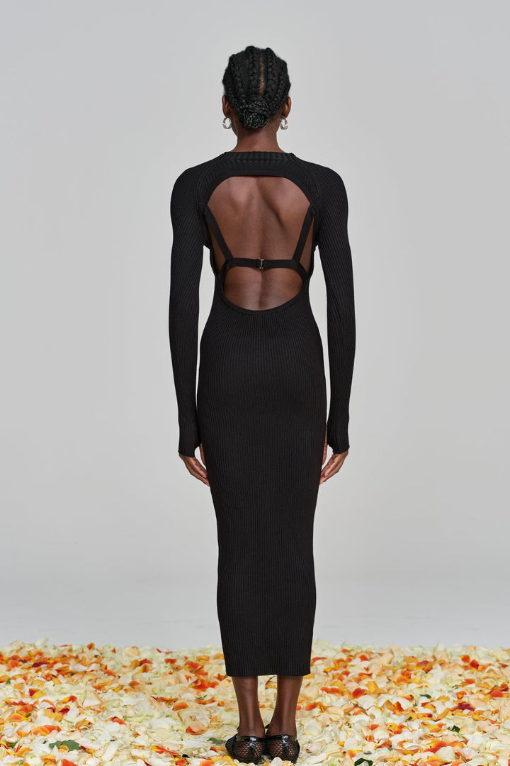 Amaury Cutout Ruffle Knit Maxi Dress In Black - Celestia Couture