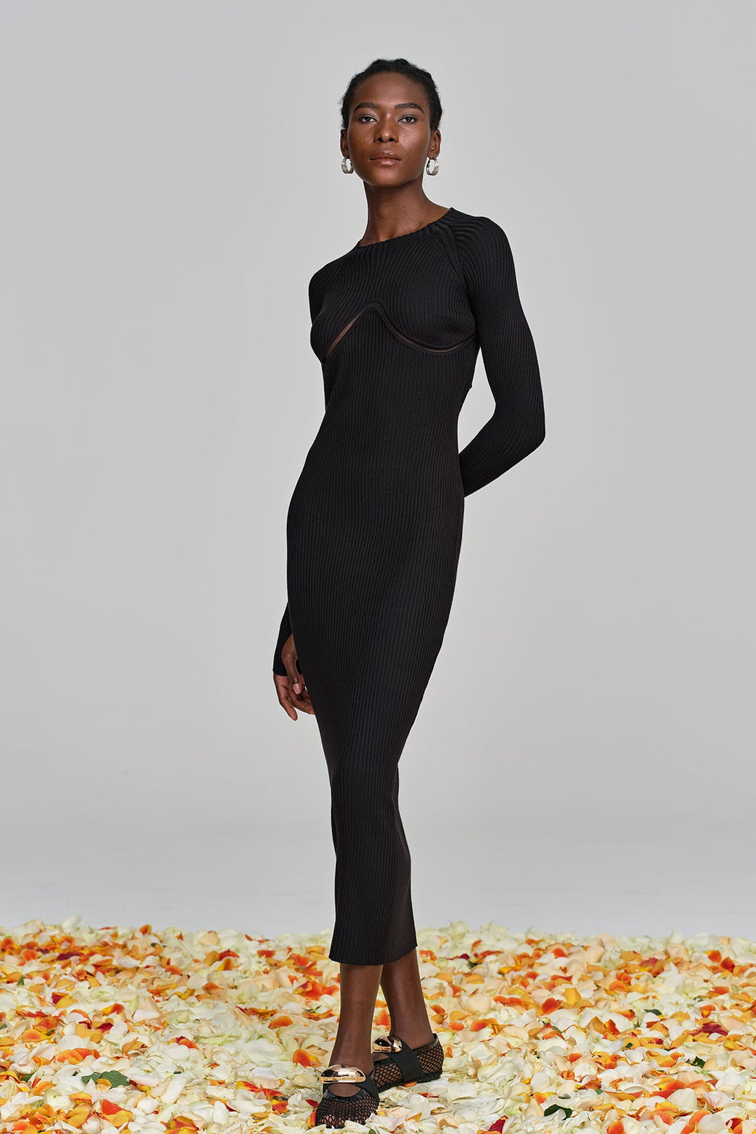 Amaury Cutout Ruffle Knit Maxi Dress In Black - Celestia Couture