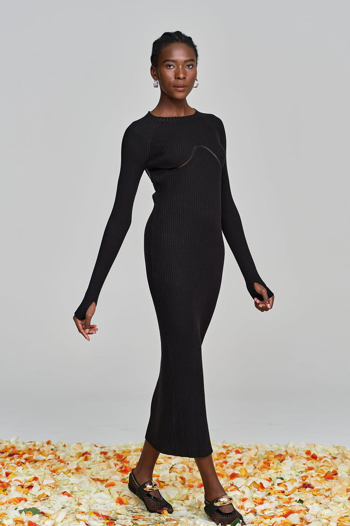 Amaury Cutout Ruffle Knit Maxi Dress In Black - Celestia Couture