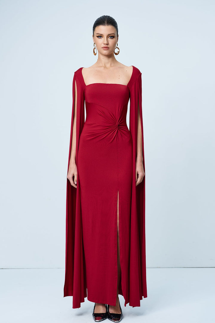 Amazu Shawl Split Ruch Maxi Dress In Red - Celestia Couture