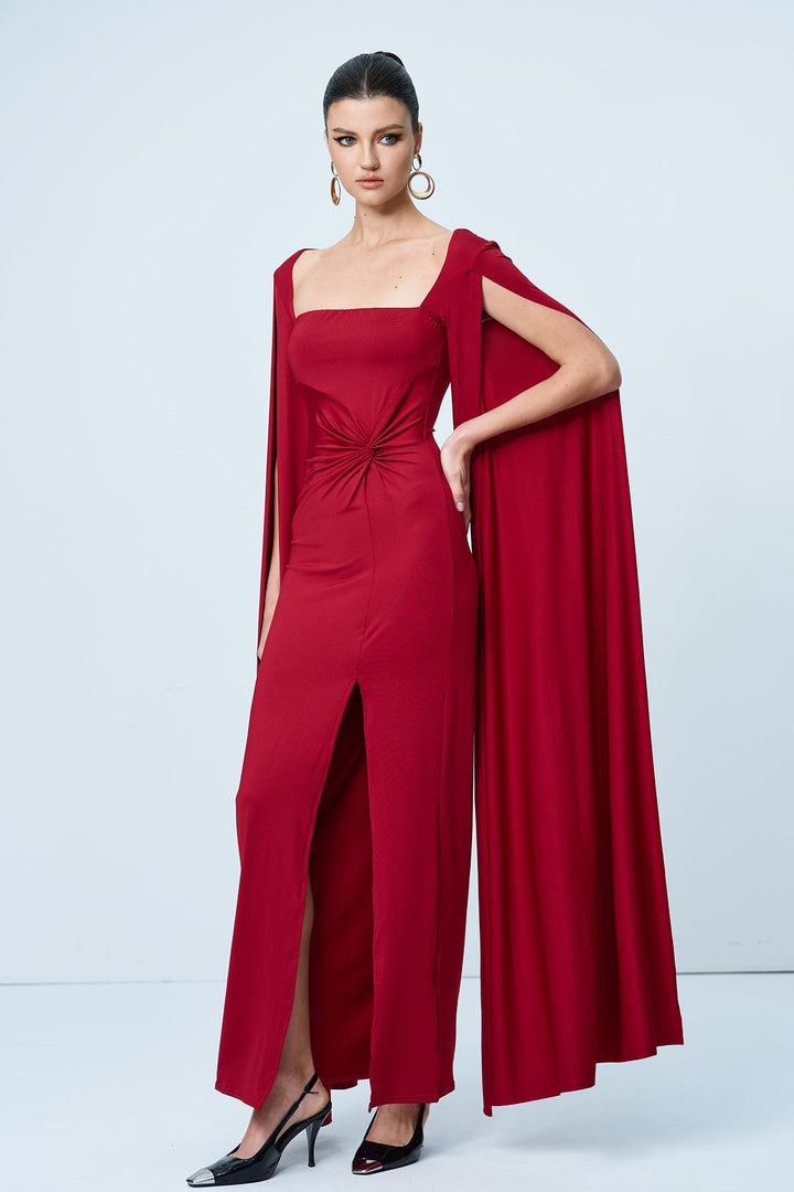 Amazu Shawl Split Ruch Maxi Dress In Red - Celestia Couture