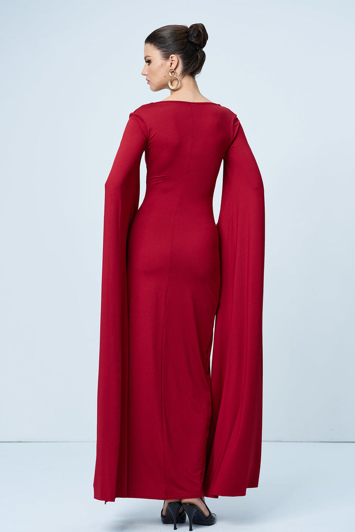 Amazu Shawl Split Ruch Maxi Dress In Red - Celestia Couture
