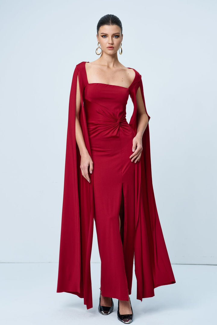 Amazu Shawl Split Ruch Maxi Dress In Red - Celestia Couture