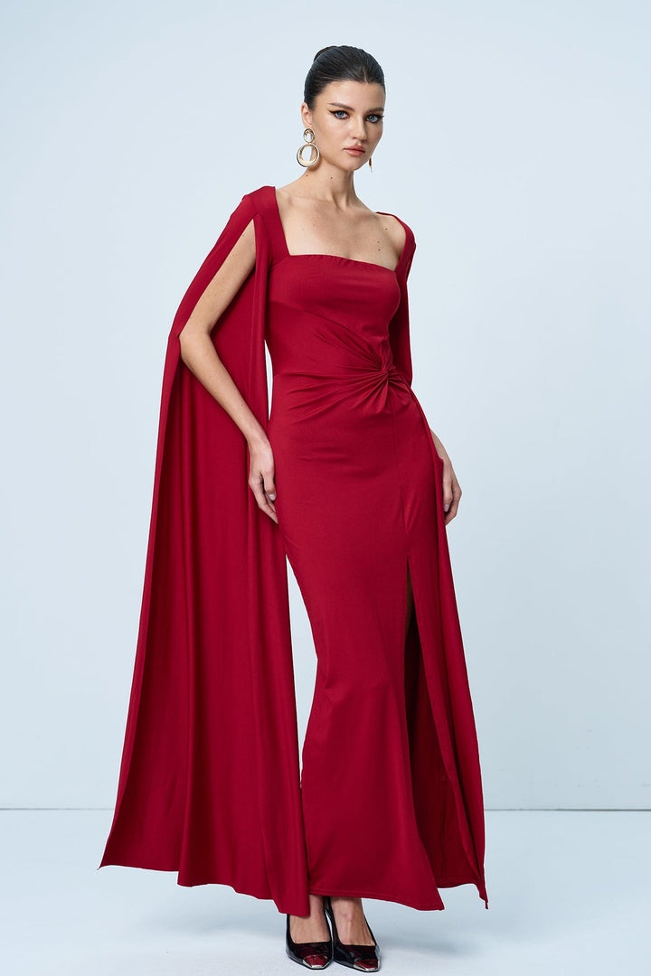 Amazu Shawl Split Ruch Maxi Dress In Red - Celestia Couture