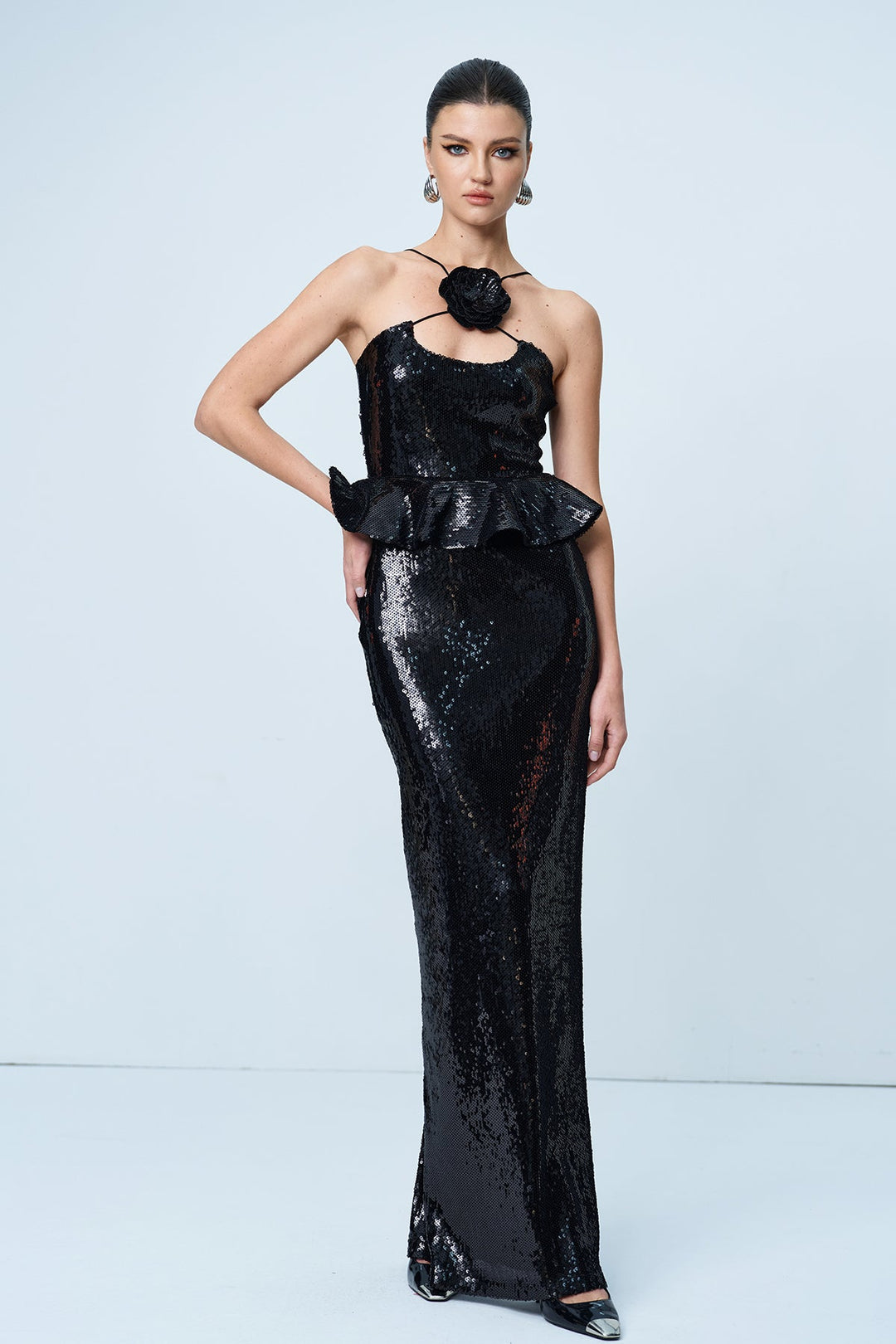 Ambar Sequin Flower Ruffle Maxi Dress - Celestia Couture