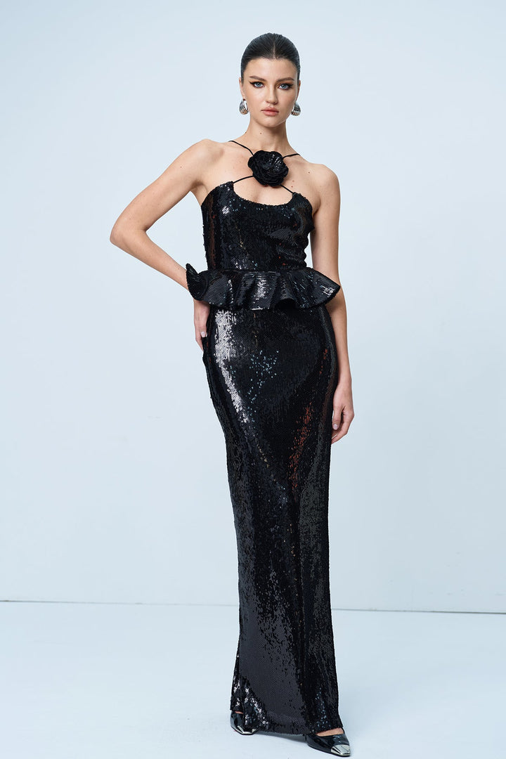 Ambar Sequin Flower Ruffle Maxi Dress - Celestia Couture