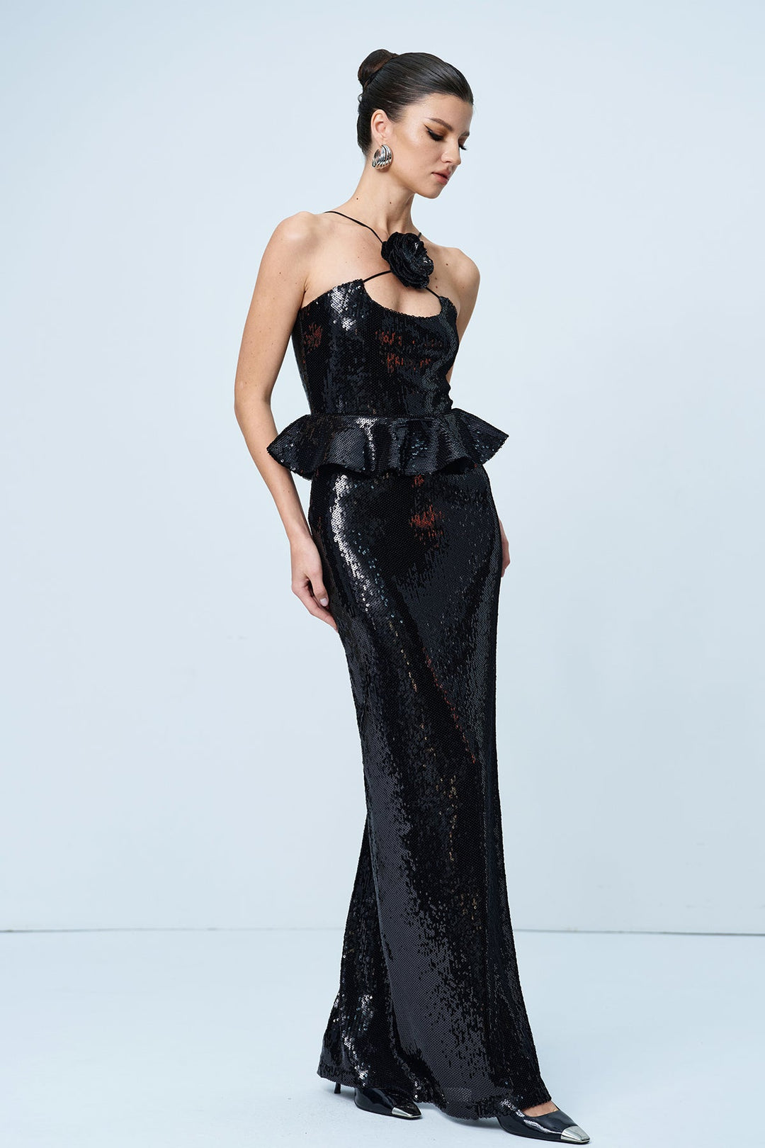 Ambar Sequin Flower Ruffle Maxi Dress - Celestia Couture