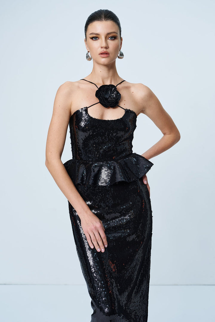 Ambar Sequin Flower Ruffle Maxi Dress - Celestia Couture