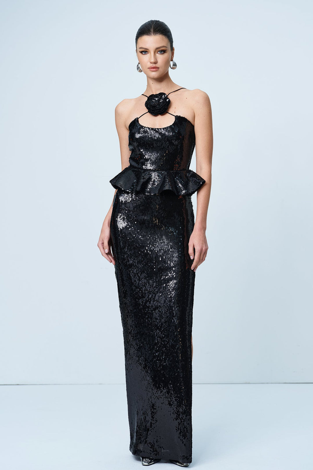 Ambar Sequin Flower Ruffle Maxi Dress - Celestia Couture