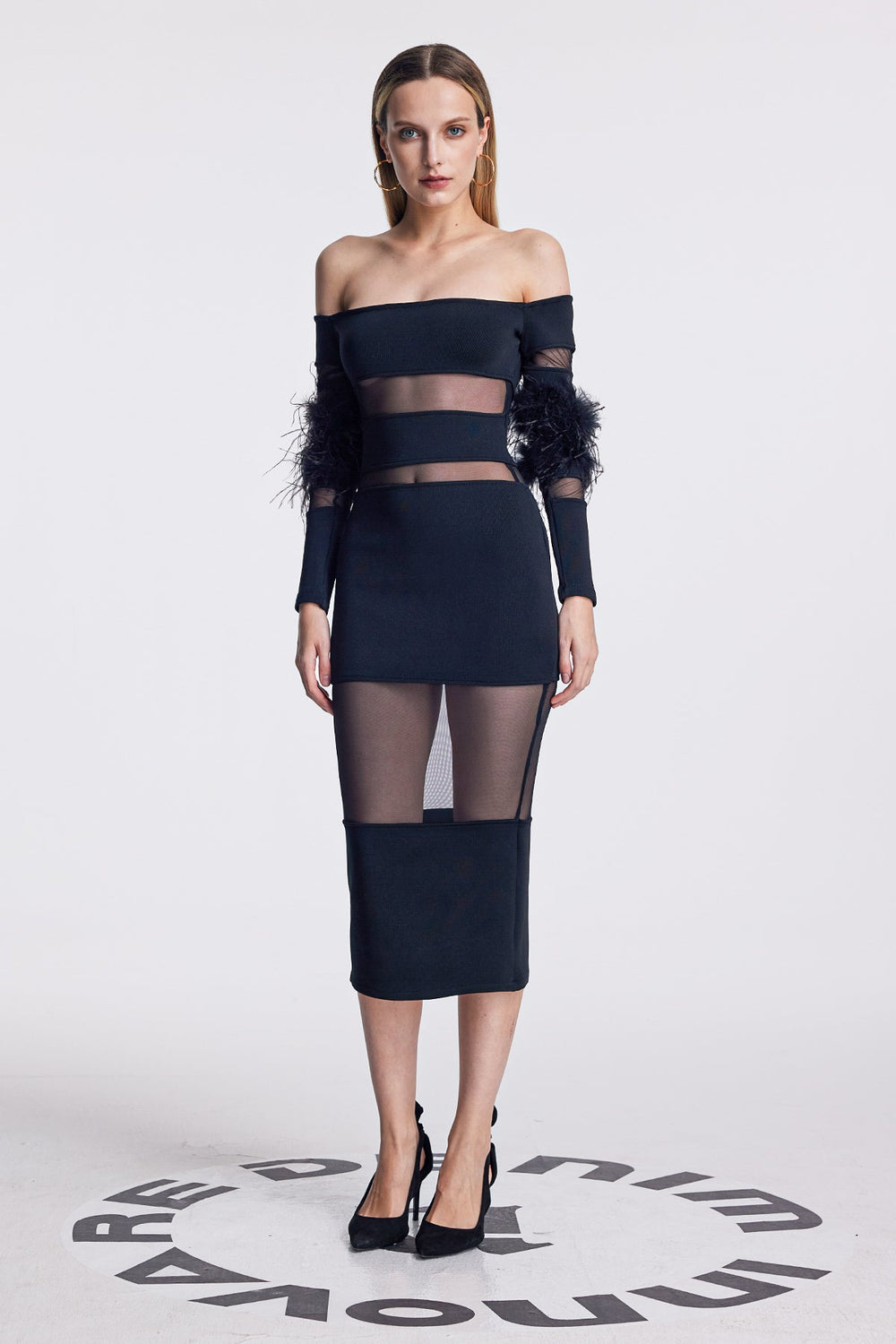Amber Mesh Deconstruct Feather Maxi Dress In Black - Celestia Couture