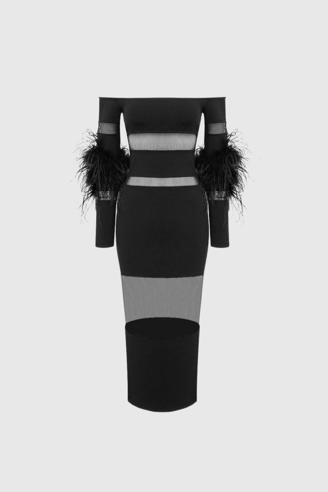 Amber Mesh Deconstruct Feather Maxi Dress In Black - Celestia Couture