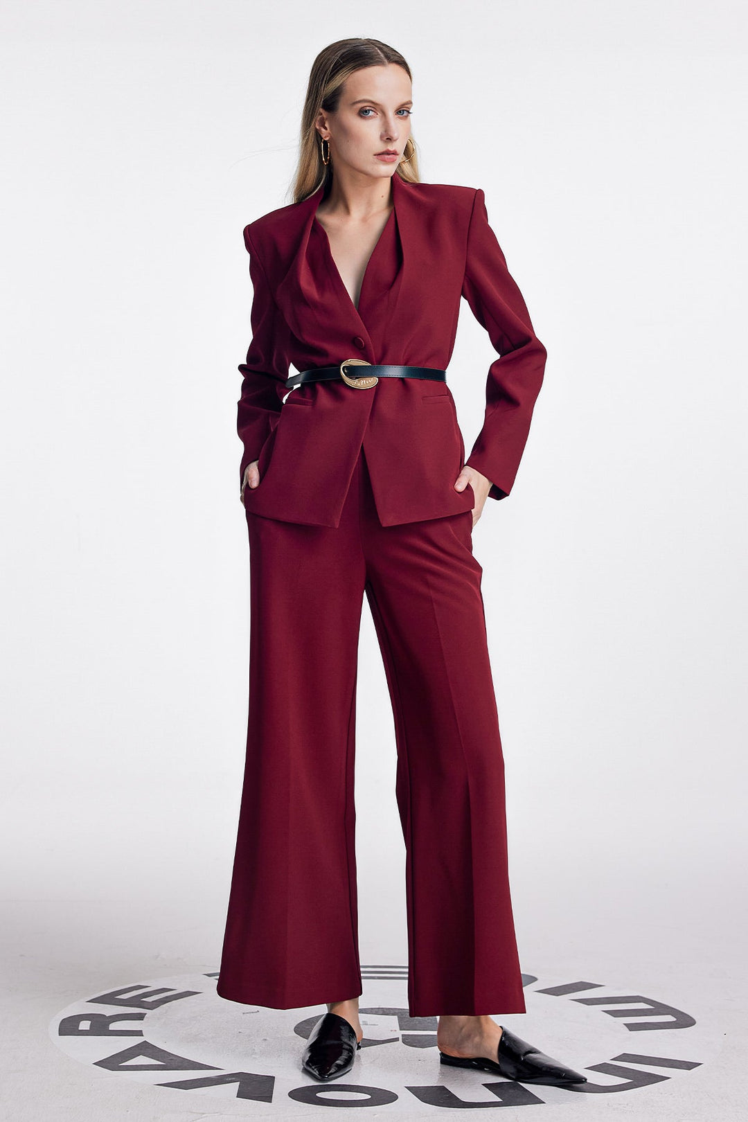 Ambrogio Plunge Buckle Pants Set In Red - Celestia Couture