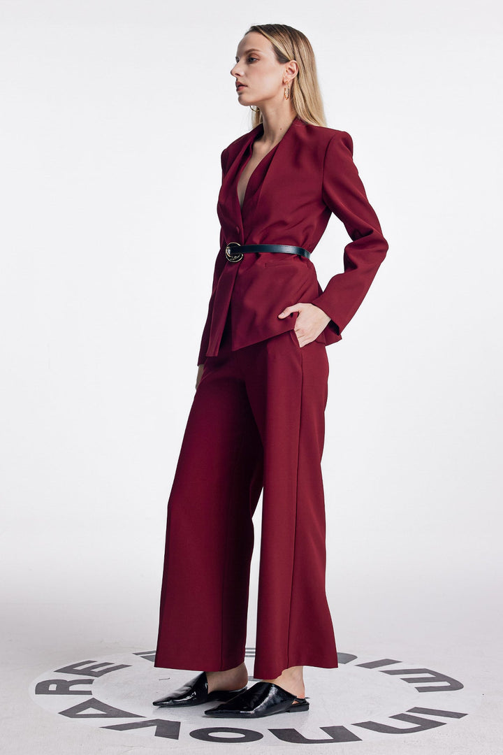 Ambrogio Plunge Buckle Pants Set In Red - Celestia Couture
