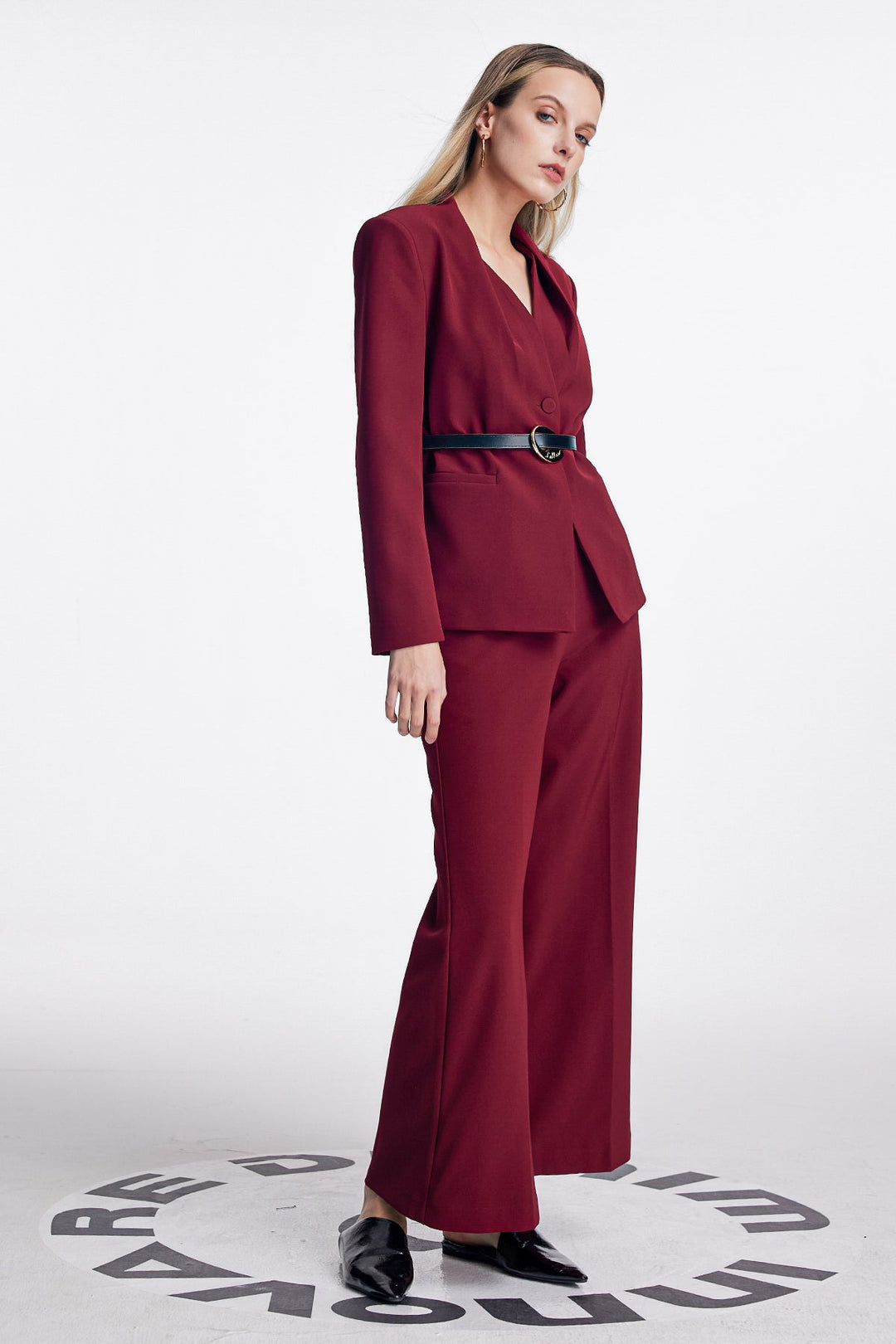 Ambrogio Plunge Buckle Pants Set In Red - Celestia Couture