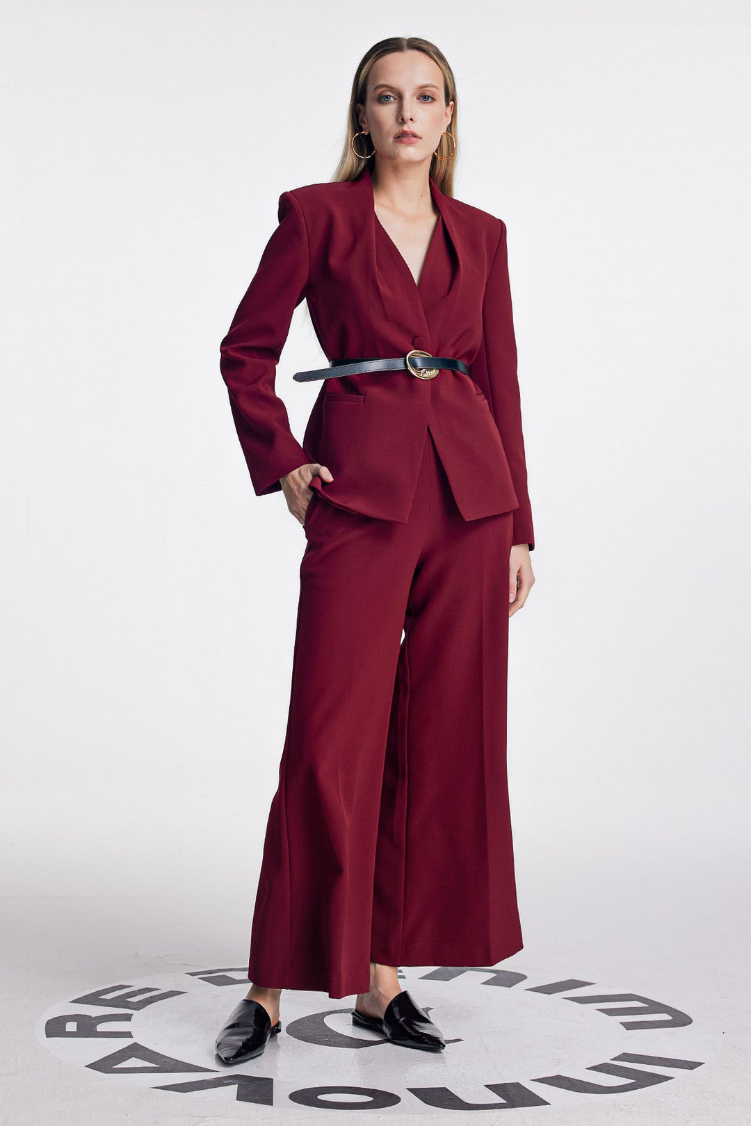 Ambrogio Plunge Buckle Pants Set In Red - Celestia Couture