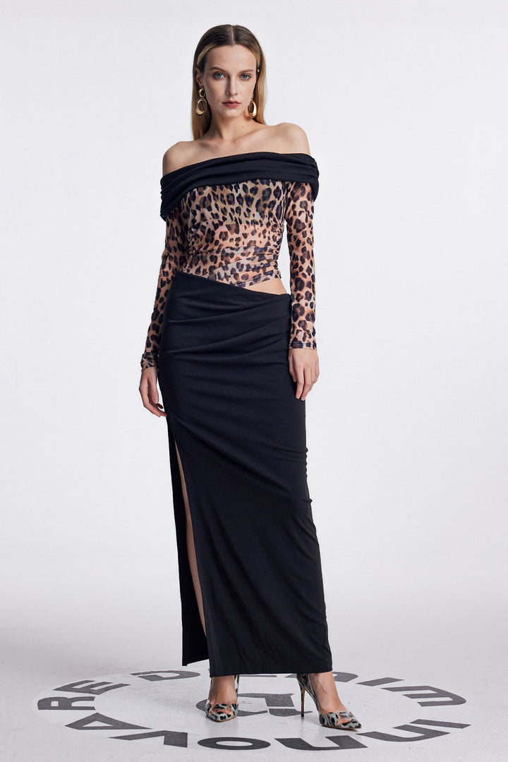 Amunet Off Shoulder Leopard Split Maxi Dress - Celestia Couture