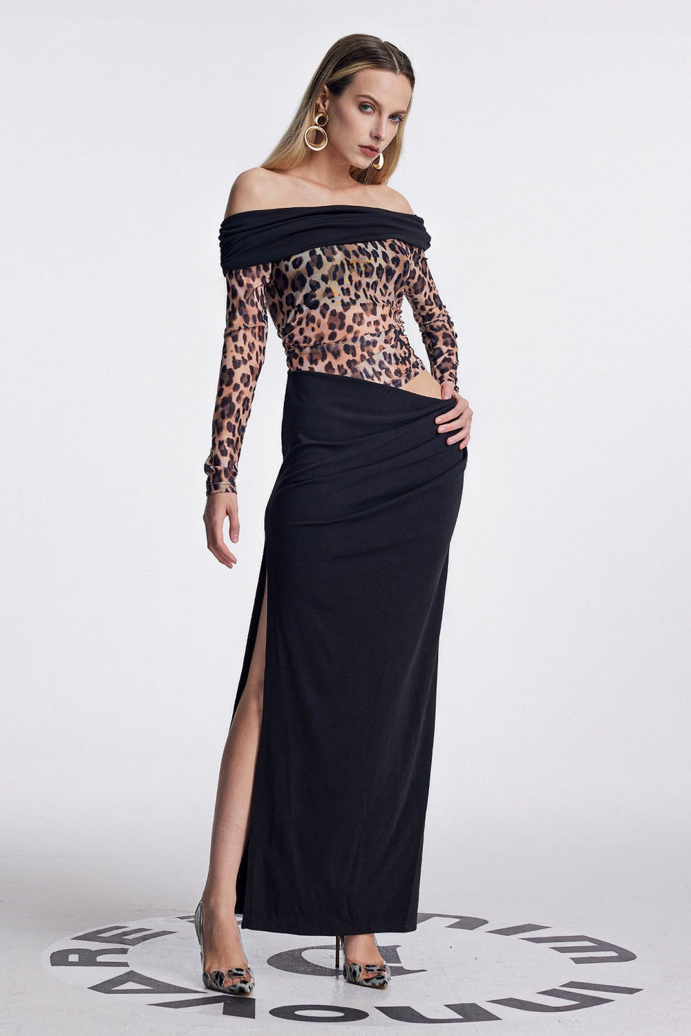 Amunet Off Shoulder Leopard Split Maxi Dress - Celestia Couture