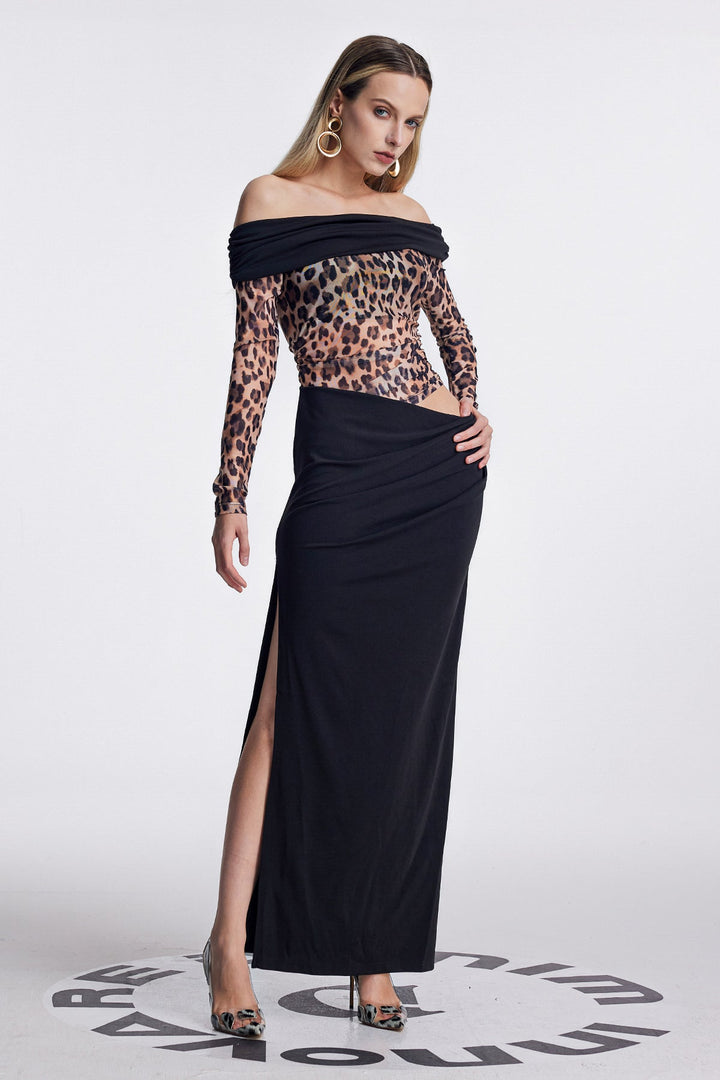 Amunet Off Shoulder Leopard Split Maxi Dress - Celestia Couture
