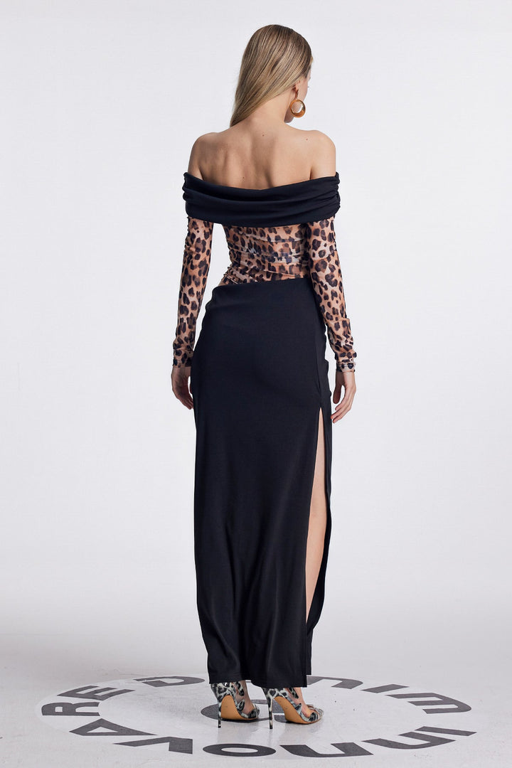 Amunet Off Shoulder Leopard Split Maxi Dress - Celestia Couture