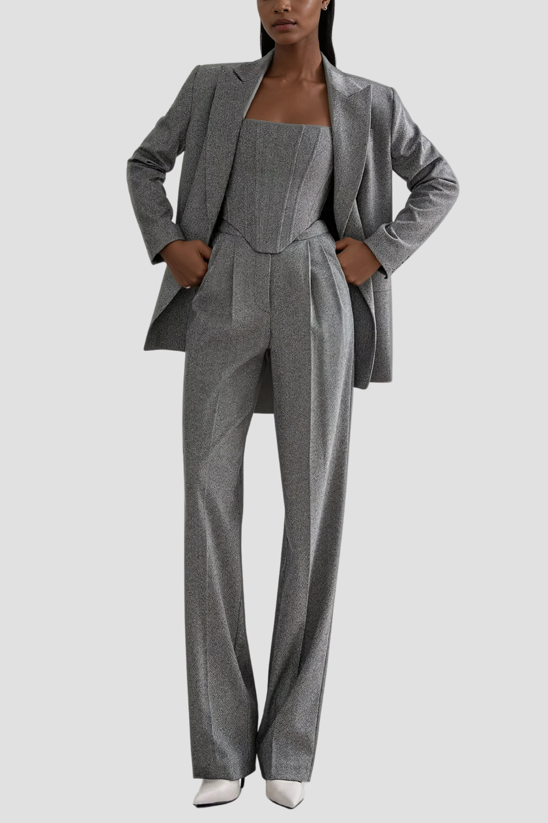 Anang Lapel Strapless Three Piece Pants Set In Grey - Celestia Couture