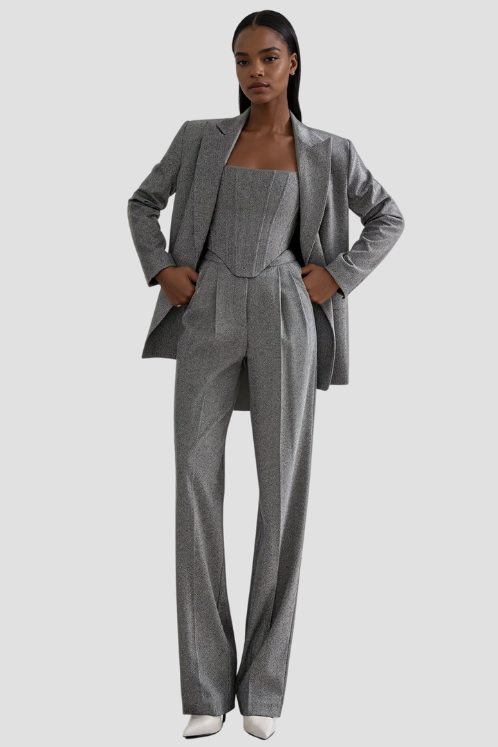 Anang Lapel Strapless Three Piece Pants Set In Grey - Celestia Couture
